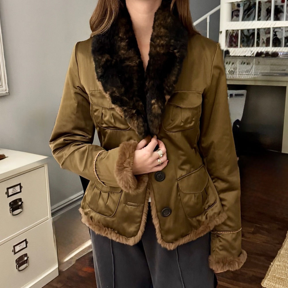 Brown Rabbit Fur and Satin Reversible Jacket, Size 2-4 (Small).